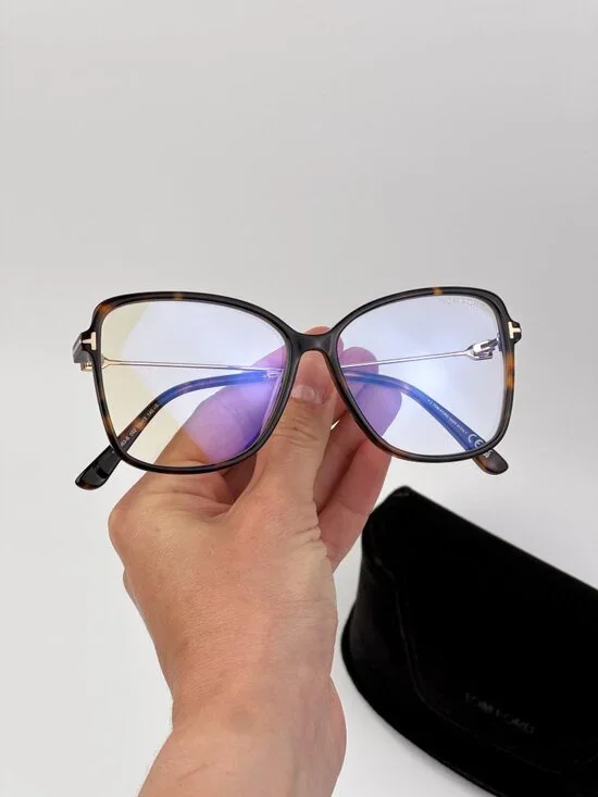 Tom Ford FT5953-B 052 Eyeglasses Havana Oversized Butterfly Frame Blue Block