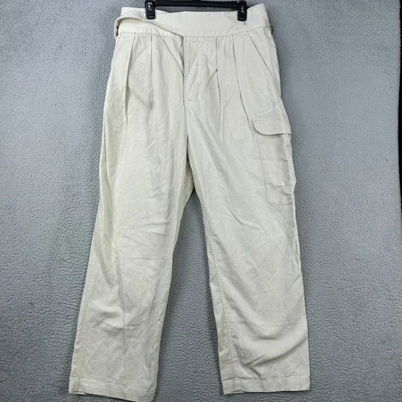Banana Republic Womens Baggy Cargo Pants 12 Petite Cream Belted Linen Blend NEW