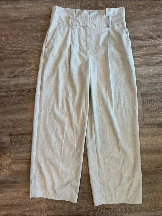 Mango white size 10 tan gingham paper bag pleated linen blend pants