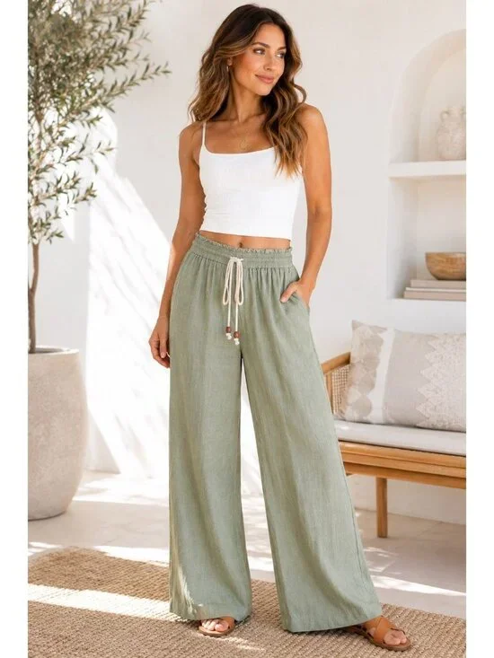 Zara Sage Green Linen Blend Wide Leg Drawstring Pants Size S