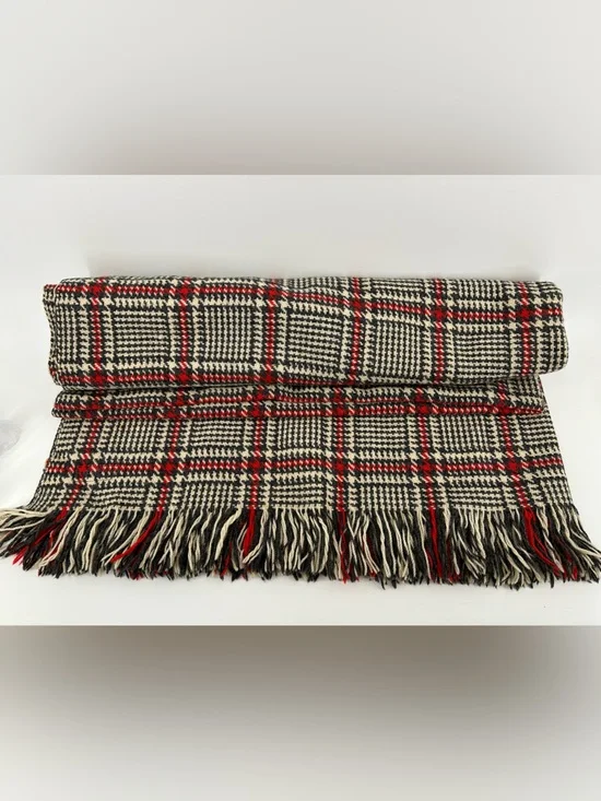 VINTAGE Pendleton Black Cream Red Plaid Wool Throw Blanket