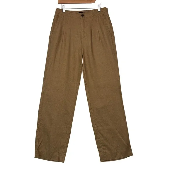 Banana Republic Womens Pleated Linen Pants 10L Tan High Rise Wide Leg 813840-00