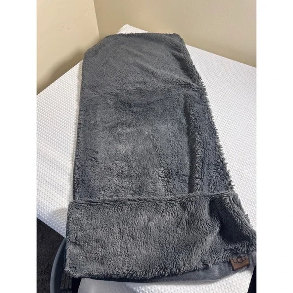 UGG Scarf Unisex Charcoal Grey Faux Fur Plush Zipper Pocket EUC
