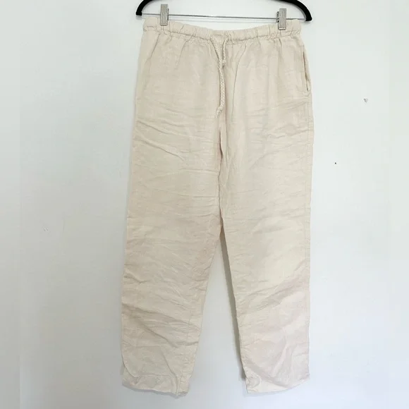 Zara Ivory Elastic Band Tie High Waisted Pants Size M boho Lagenlook linen blend