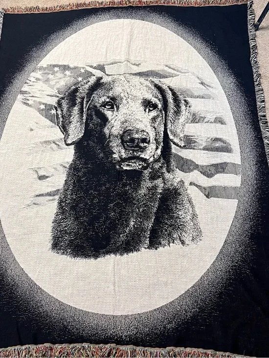 VTG Patriotic Black Labrador Woven Cotton Tapestry Throw Blanket USA 53x72”