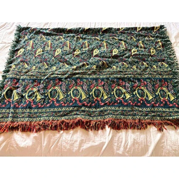 Woven Floral/Musical Tapestry Style Fringed Sofa Throw Blanket 65 x 47