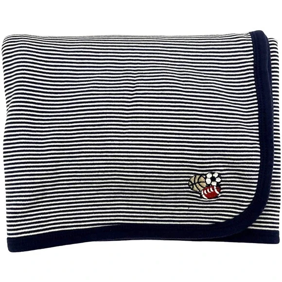 Little Me‎ Navy White Stripe Sports Balls Baby Boy Blanket Cotton Stretchy Blue