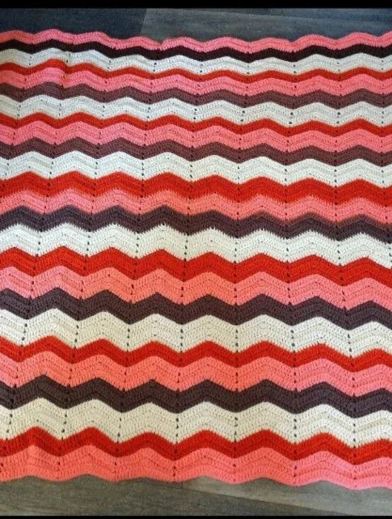 VTG Crocheted Afghan Blanket 56”x59”  Rust  Cherry Bubblegum Pink Iconic Tv Set