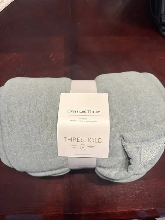 Chenille Throw Blanket with Faux Shearling Reverse Light Blue