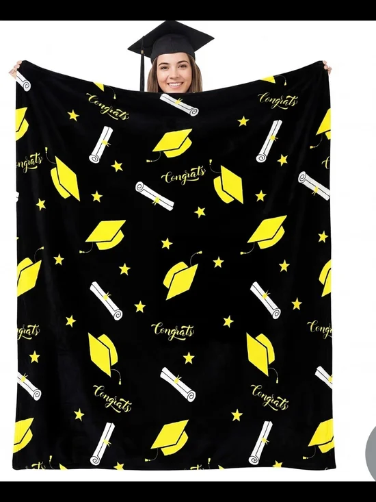 Graduation Black & Yellow Patterned Throw Blanket Gift  50x58