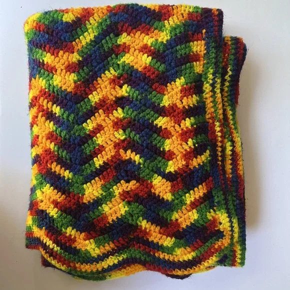 Rainbow Chevron Afghan Blanket 60x49 VTG boho Handmade Crochet Colorful Throw