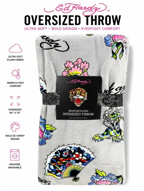 Ed Hardy Gray Plush Throw with Multicolor Floral & Tiger Print