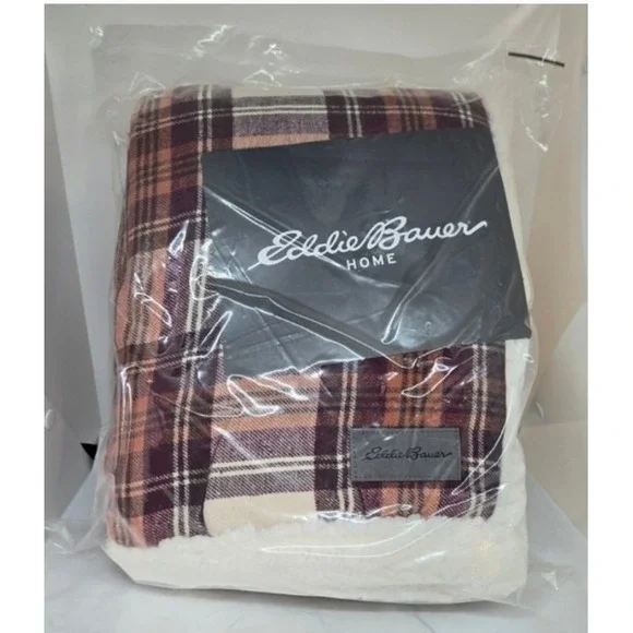 Eddie Bauer Home Edgewood Plaid Flannel And Sherpa Throw Blanket NEW 50x60