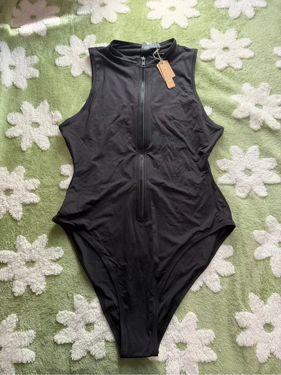 SKIMS Black Zip-Front One-Piece Swimsuit