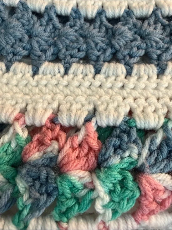Handmade Crochet Afgan Throw in Pink, Teal, Blue & White