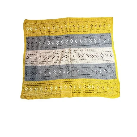 Handmade Crochet Striped Blanket With Yellow Gray & Cream Floral Pattern