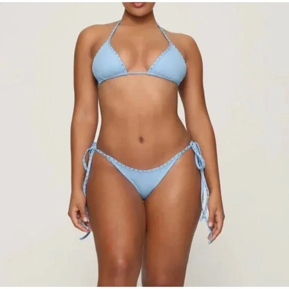 Skims Rhinestone Swim Tie Bikini Set Iris Blue Size XS top/S bottom NWT RARE