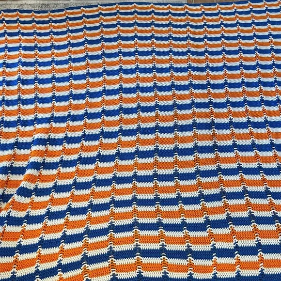 Handmade Crochet University of Floral Orange, White, and Blue stripe Bed Spread