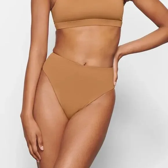 SKIMS Signature Swim Mid Waist High Cut Almond Brown Bikini Bottoms Swimsuit