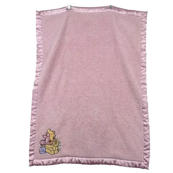 Winnie the Pooh and Piglet Baby Blanket Pink Plush Satin Back Crib Nursery