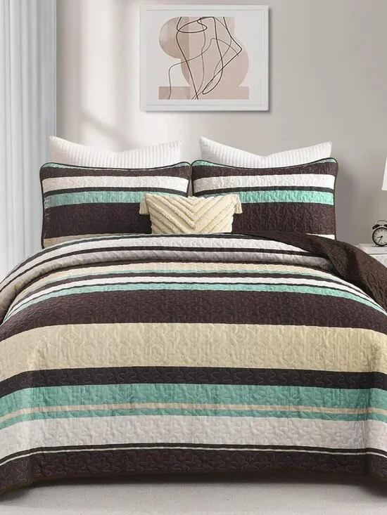 Red Brown Boho Striped 3-Piece Quilt Bedding Set w/Shams
