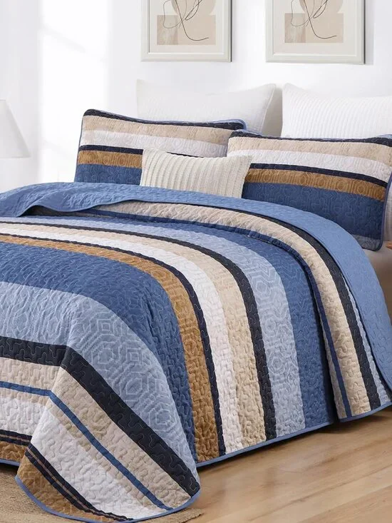 Boho Blue Striped All-Season 3-Piece Quilt Bedding Set