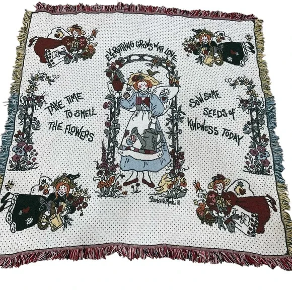 FLAW‎ Barbara Mack Vtg Blanket Throw Angels Garden Sow Seeds Farmhouse Cottage