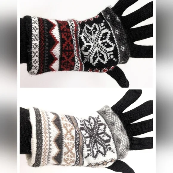 Muk Luks Knit Gloves & Reversible Hand Warmers Touch Sensitive Scandi Black Tan