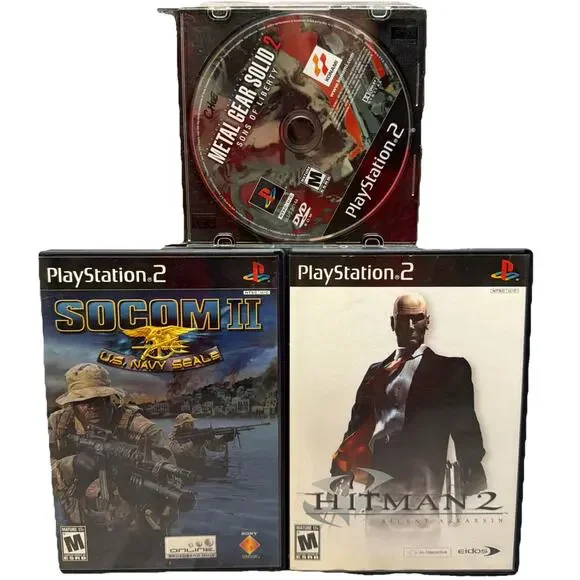 PS2 3 Game Lot Socom II CIB Hitman 2 Silent Assassin Metal Gear Solid 2 Disc