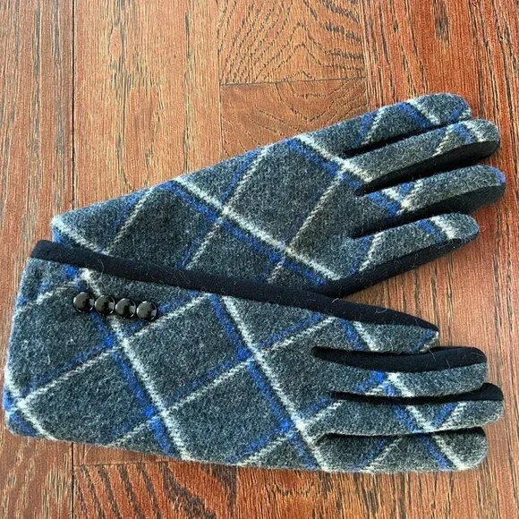 Winter Gloves Faux Cashmere Gray Blue Plaid Button Cuff Touch Screen Smart