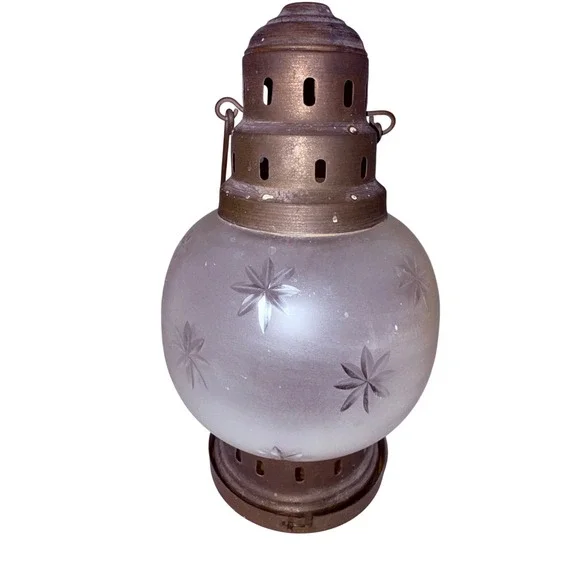 Frosted Etched‎ Star Glass Brass Candle Lantern Hanging Tea Light Holder Vintage