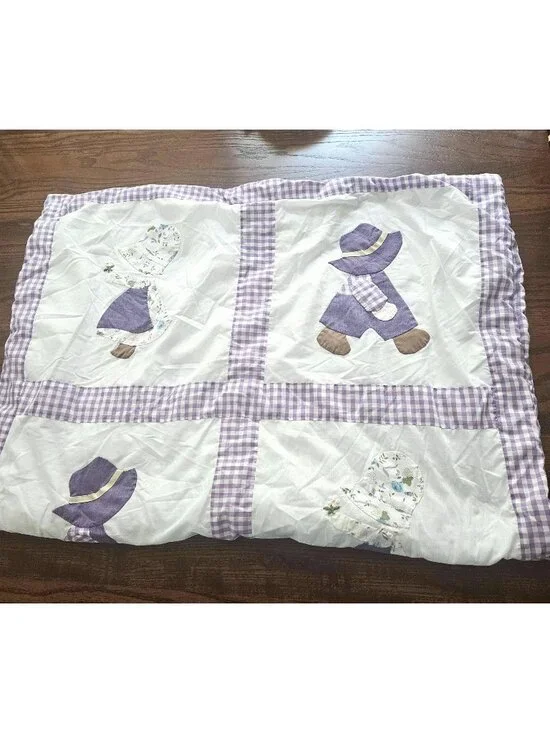 Vintage Handmade Quilted Baby Blanket Purple Checkered Prairie Boy & Girl