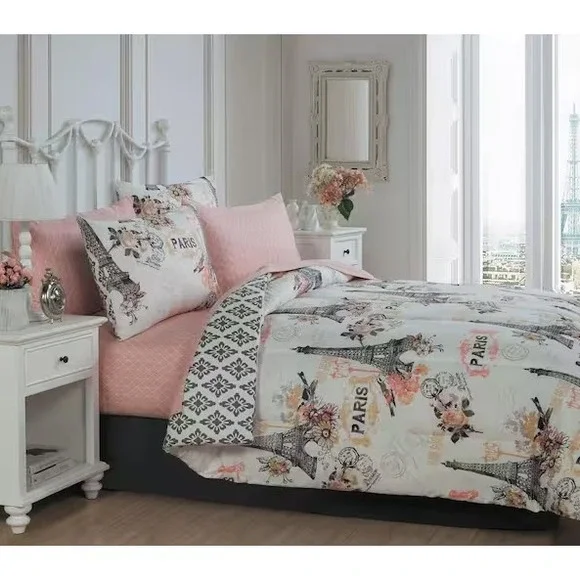Avondale Manor 8-Piece Cherie Comforter Set Queen Coral Paris Eiffel Tower NEW