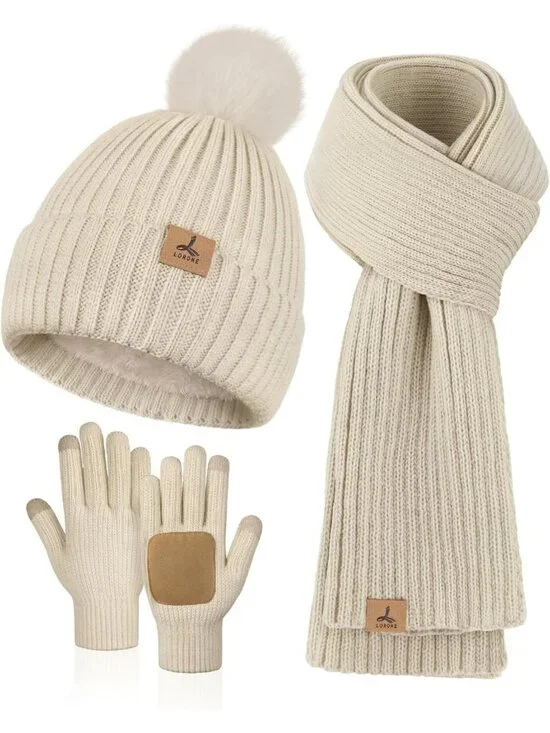 Cozy Winter Beanie, Scarf & Gloves Set - Fleece-Lined, Pompom Hat, Touchscreen