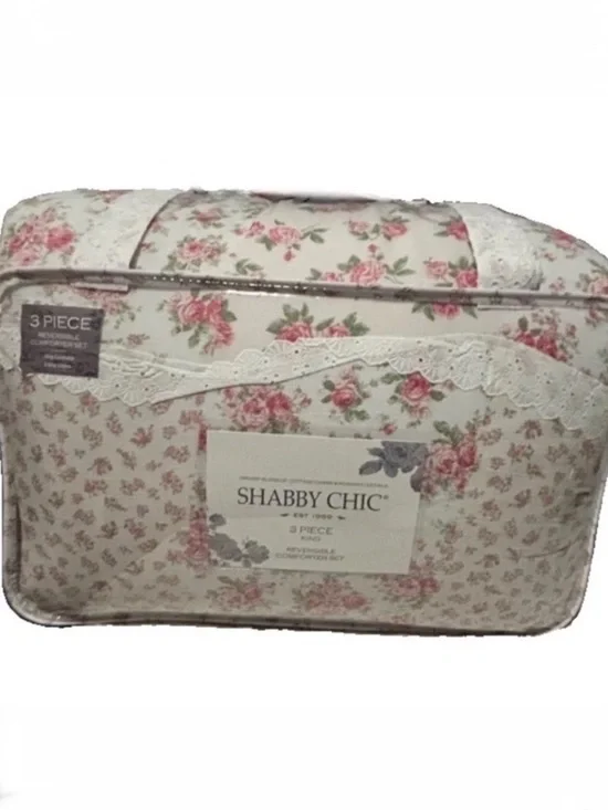 Shabby Chic Floral Pink & White Cotton Gauze King Comforter Set with Lace Trim