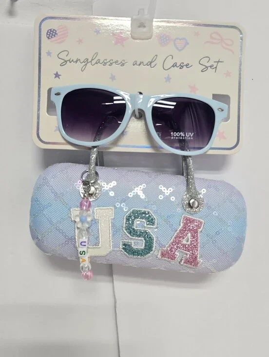 NWT Kids Sunglasses And Carrying Case Sequin Shimmer USA Logo