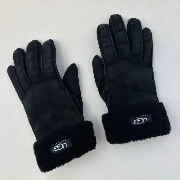 UGG Sheepskin Gloves Womens Medium Black Trimmed Shearling Leather Turn Cuff