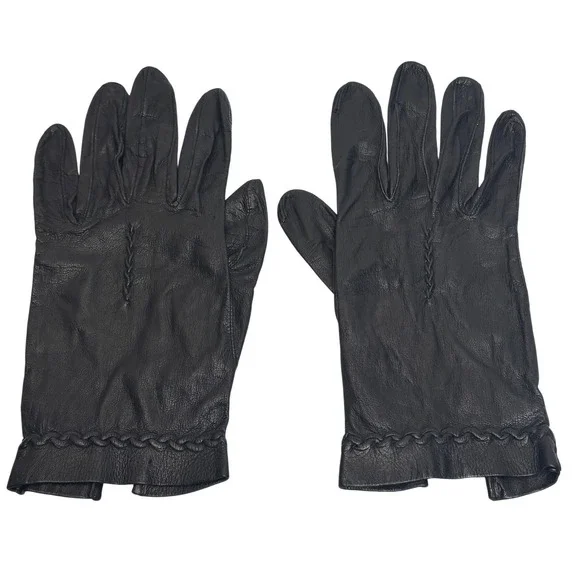 VTG Leather‎ Driving Gloves Black Braided Trim Winter Classic Womens Small