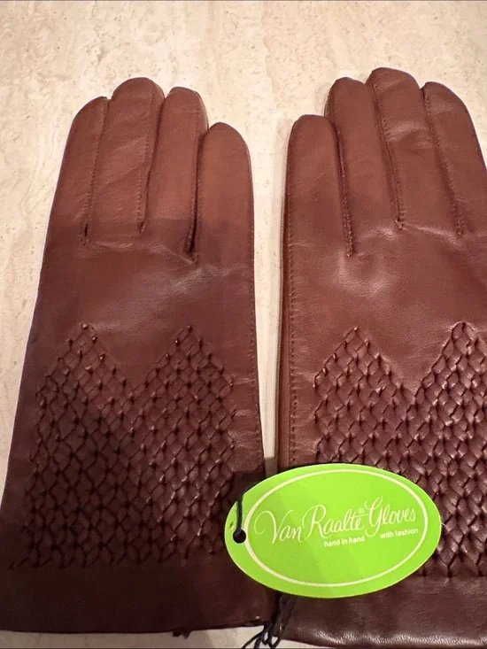 Van Raalte Women's Brown Leather Gloves with Woven Detail