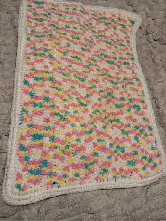 Handmade Soft White Baby Comforter with Pastel Pink, Yellow & Blue Accents