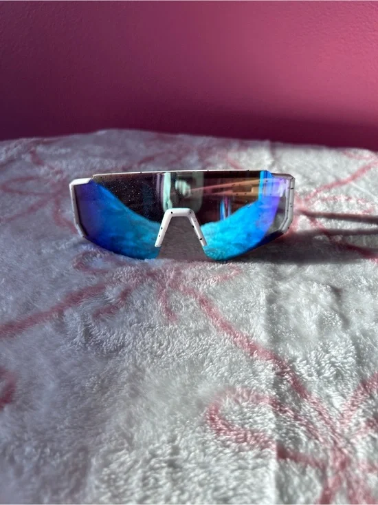 Mirrored Blue Shield Sunglasses with White Frame