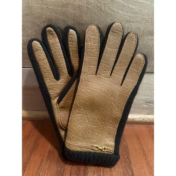 Vintage Tan Faux Leather Gloves S/M Brown Knit 1950s 1960s Chic Taiwan NOS New