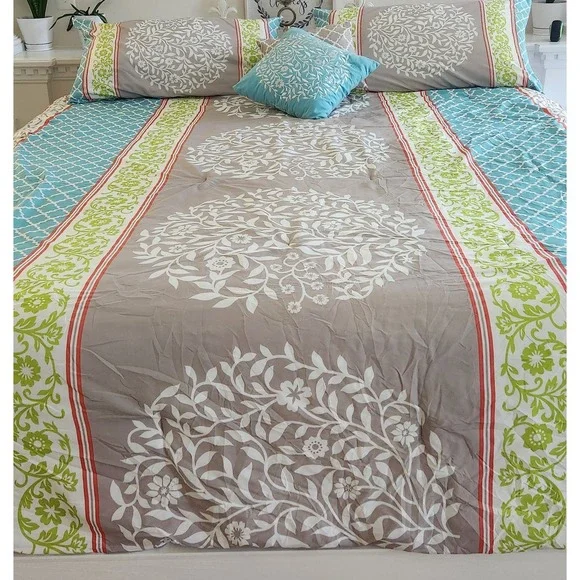 5 Pc Reversible King Comforter Set Floral Vine & Lattice Blue Gray Design
