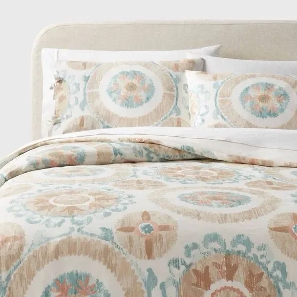 Threshold Suzani Duvet Cover Sham Set Full Queen Ivory Teal Blue New