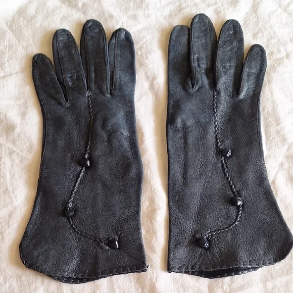 Hakon Black Leather Braided Detail Women's Gloves Size 7