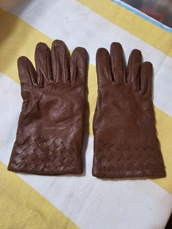 Women's Brown Leather Woven Cuff Gloves