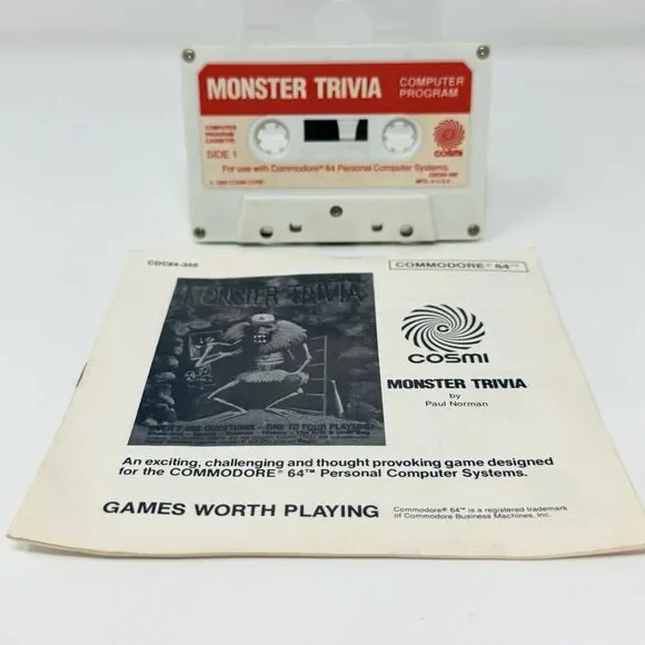 Monster Trivia Commodore 64 C64 Cosmi Cassette With Manual Paul Norman Vintage