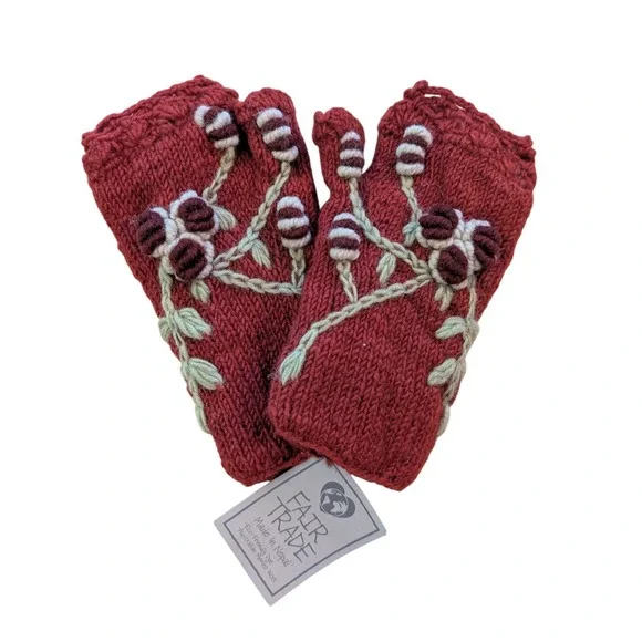 Paths of the Spirit Fingerless Gloves Red Wool Floral Knit Fair Trade Holidays