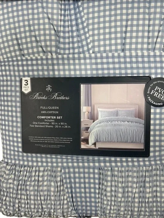 Brooks Brothers Blue and White Checkered Full/Queen Cotton Comforter Set 88”x96”