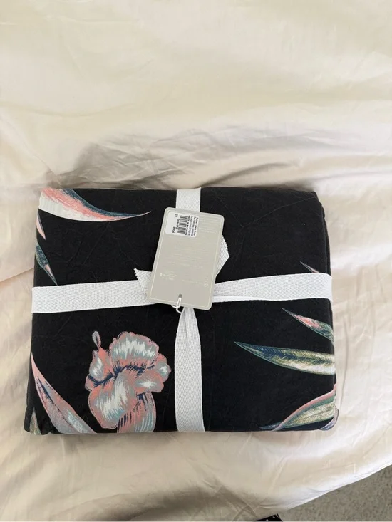 Pottery Barn Black Comforter with Pink Floral & Green Leaf Print